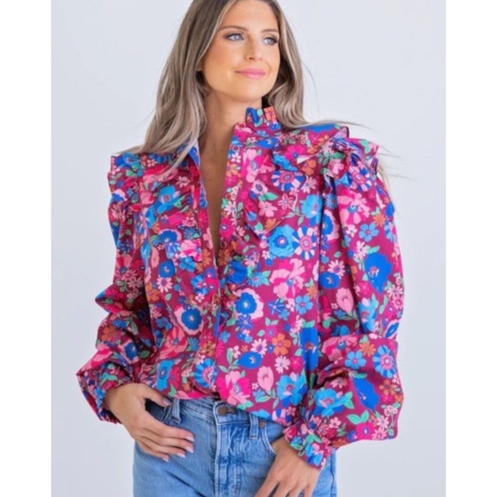 Karlie Pink Teal Floral Multicolor Shirt Long Balloon Sleeve Ruffle Detail S